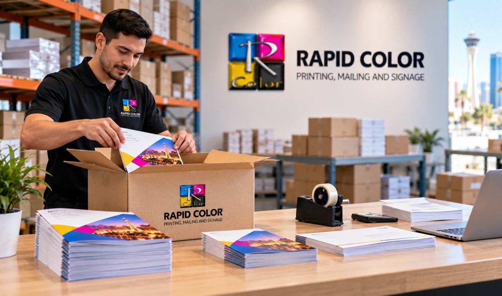 Rapid Color print fulfillment workspace with brochures, branded packaging, organized inventory, and packing materials in a clean Las Vegas warehouse. Pasted markdown