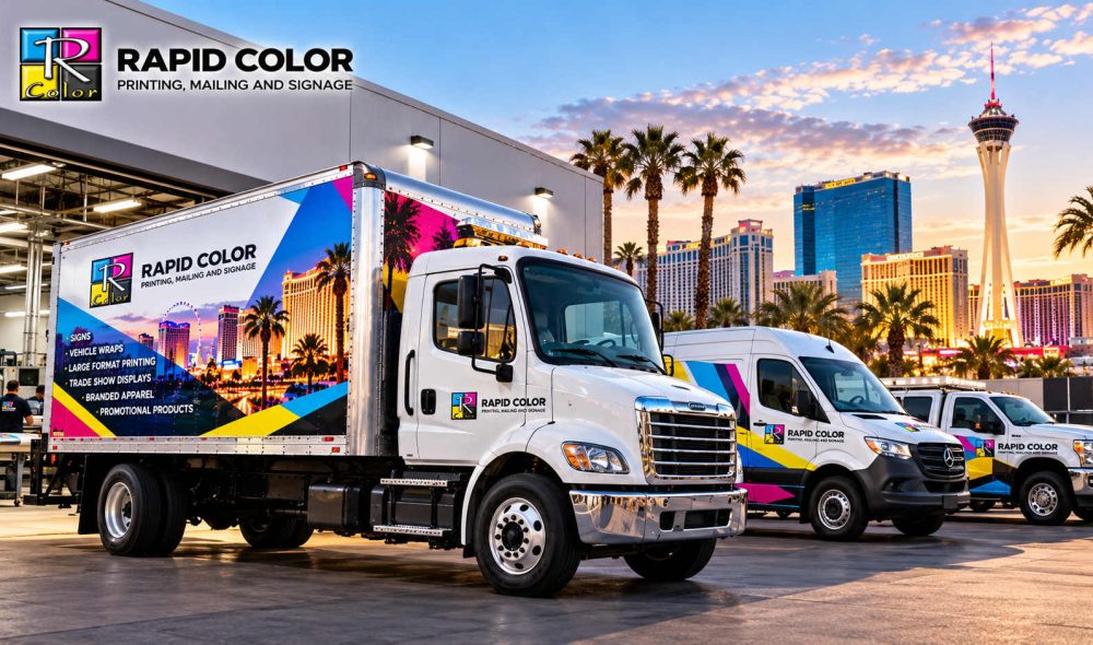 Wrapped commercial box truck with full-color fleet graphics parked in Las Vegas