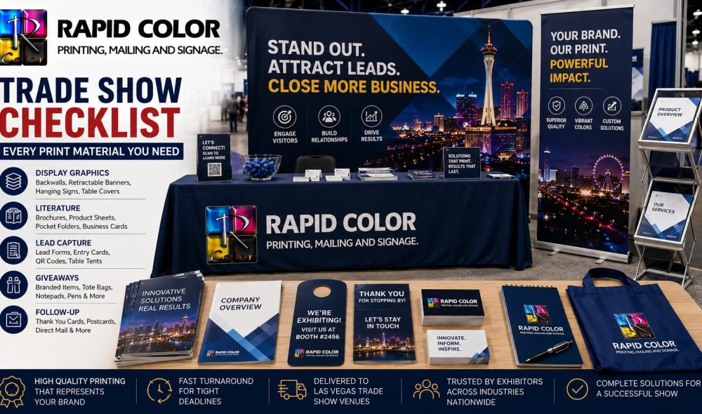Trade show materials laid out including retractable banner, brochures, business cards and branded table cover