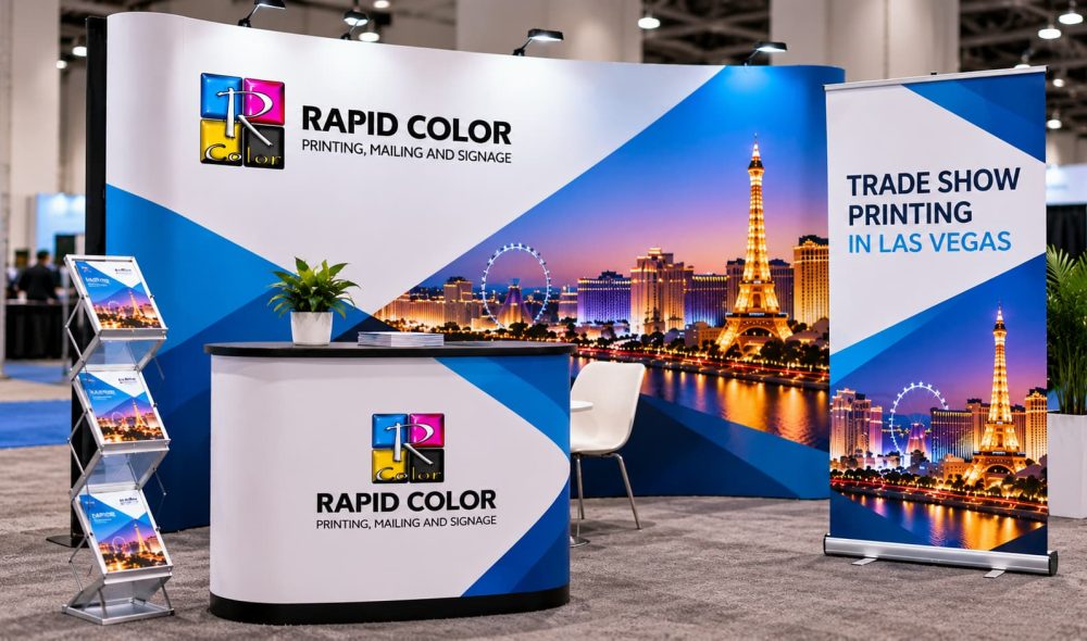 Rapid Color trade show printing booth in Las Vegas with branded banners, backdrop, table throw, brochures, signage, and promotional displays.