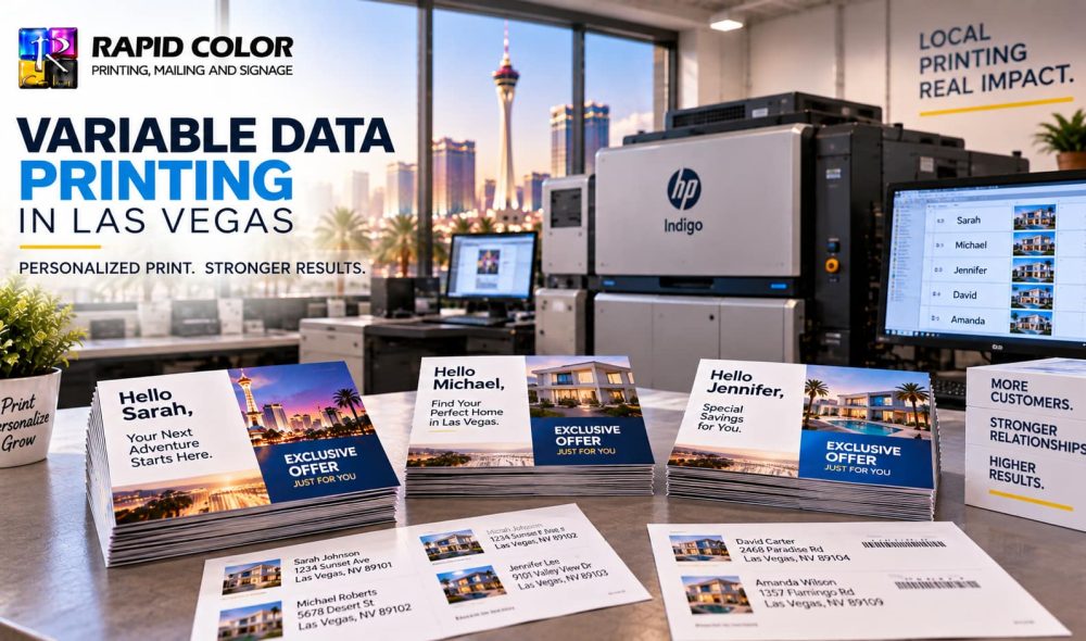 Variable data printing in Las Vegas featuring personalized postcards, a digital printing press, and Rapid Color branding