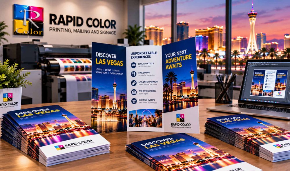 Rapid Color tri-fold brochure printing in Nevada featuring custom Las Vegas brochures, printed samples, and digital brochure design on a laptop.