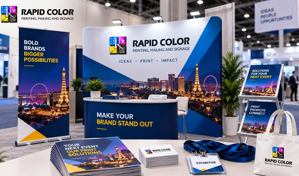 Convention printing booth featuring Rapid Color banners, branded displays, brochures, exhibitor badges, and promotional materials at a trade show.